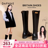 达芙妮官方长筒靴女2026秋冬新款骑士靴子女显瘦加绒高筒靴英伦风时装鞋 复古黑 单层 38