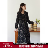 独束大码女装法式甜美V领碎花连衣裙女春装新款微胖mm显瘦茶歇裙 黑底棕花 XL (尺码：3)