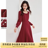 尚都比拉新年红高级感长袖连衣裙女春秋气质方领中长款内搭打底赫本风裙子
