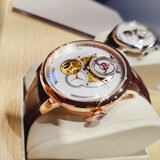 瑞士认证罗宾尼（LOBINNI）瑞士风格手表男士机械表全自动商务镂空飞轮时尚男表前十大名圣诞节礼物 【时光轮系列】玫壳白面棕皮【16020】