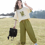 艾诺轮女童夏装套装中大童夏季女装儿童装女孩短袖t恤长裤两件套衣服 R兔套装-绿 160 建议身高150-160CM左右
