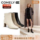 康莉（COMELY）瘦瘦靴短靴女冬季新款羊皮粗跟法式加绒黑色高跟时装靴 黑色 37