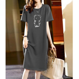 啄木鸟（TUCANO）2026棉长袖长裙宽松休闲过膝t恤裙简约中长款连衣裙女显瘦春秋 灰色(白-透明小熊) L 105-120斤