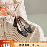 金利来（Goldlion）女鞋方头粗高跟简约金属扣饰浅口工作通勤单鞋68291009黑色35码