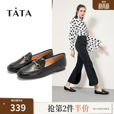 他她（TATA）方头乐福鞋女休闲平底一脚蹬小皮鞋女单鞋春秋款FLC22AM5 黑色 35