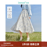 茵曼（INMAN）亚麻吊带植物碎花连衣裙女2026年夏季法式方领泡泡袖蓝色长裙 白底蓝花半身裙-18412674 M