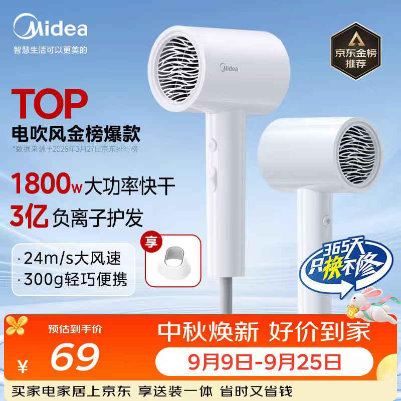 美的（Midea）3亿负离子电吹风 大功率快干不伤发吹风机 家用负离子护发吹风筒 FJ208白1800W 节日礼物