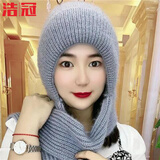 浩冠 帽子女秋冬季时尚帽子围巾一体冬天保暖防风棉帽加绒毛线帽骑行护耳针织帽 灰色