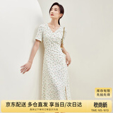 尚都比拉夏季V领碎花连衣裙中长款收腰显瘦气质印花裙子 杏底花色 S 