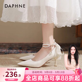 达芙妮高跟鞋女单鞋2026春季法式玛丽珍鞋蝴蝶结淑女小皮鞋粗跟女鞋婚鞋 缎面米白 6cm 细跟 36