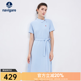 Navigare意大利小帆船短袖连衣裙女士夏季棉质斜领裙子时尚显瘦半袖a字裙 冰水蓝 S 码