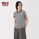 MUJI女式 天竺编织 圆领短袖T恤 上衣打底衫女款25年夏季女装内搭 黑色条纹 BB2P4C5S L (165/88A)