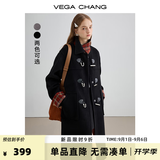 VEGA CHANG新年红黑色呢子大衣女2025年冬新款加厚新年红格纹拼接外套 锆石黑 L