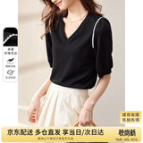 尚都比拉夏季短袖t恤女浪漫花边泡泡袖V领显瘦女装上衣 黑色 S
