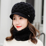 浩冠 帽子女冬季韩版兔毛毛线帽加厚套头帽秋冬天中老年人保暖妈妈帽 黑色帽子围巾两件套 56-58