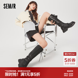 Semir官方正品时装靴女靴春秋季新款潮流休闲高帮系带机车靴长筒靴女 黑色 38