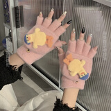 畅印翻盖半指手套女冬季可爱鹿角加绒加厚保暖学生骑车触屏防寒冬天棉 粉色