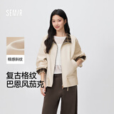 森马（Semir）外套女短款特宽松夹克26秋新款复古格纹拼接翻领收腰巴恩风短风衣