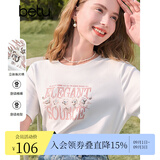 百图betu女装春夏新款T恤圆领字母印花珠片绣棉感短袖女2502T22 白色 S
