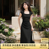 尚都比拉夏季时尚腰部收褶伞裙浪漫公主袖方领针织连衣裙女 优雅黑 S 
