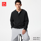 优衣库华夫格亨利领套头衫/长袖男装女装情侣T恤482766 486104 482766/09黑色 XL