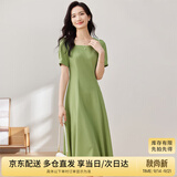 尚都比拉短袖连衣裙女夏季时尚通勤中长款a字裙钉珠收腰显瘦裙子 绿色 S