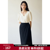 独束大码女装设计感V领雪纺衫女夏装新款微胖mm正肩宽松显瘦上衣 月光白 XL (尺码：3)