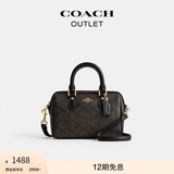 蔻驰（COACH）奥莱女士女包经典老花ROWAN 迷你波士顿单肩斜挎包通勤手提包礼物 IM/胡桃木色/黑色