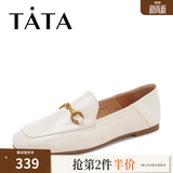 他她（TATA）方头乐福鞋女休闲平底一脚蹬小皮鞋女单鞋春秋款FLC22AM5 米色 39
