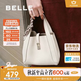 百丽女包质感真皮菜篮子送礼缎面丝巾手提包BL828BX5 白