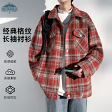 顶峰保罗（Dingfengbaoluo）美式复古格子外套男秋季翻领情侣款宽松休闲夹克DFZ03酒红2XL