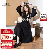 唐狮（TonLion）秋冬季女士v领格纹拼接连衣裙学院风优雅淑女百搭减龄长裙
