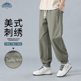 顶峰保罗（Dingfengbaoluo）日系纯棉裤子男秋季潮牌刺绣宽松美式工装休闲长裤WH5605军绿3XL