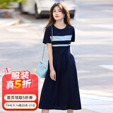 熙世界（sllsky）航海系撞色条纹连衣裙女短袖夏季新款休闲圆领收腰显瘦长裙 学院蓝 L