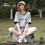 唐狮（TonLion）2026夏前胸文字中短袖T恤好看夏日穿搭t恤女撞色舒适宽松简适上衣