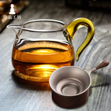 一品工坊台湾公道杯高硼硅玻璃公杯纯手工加厚大号分茶器茶海茶道茶具配件 【黄把公杯+纯钛茶漏+木底座】