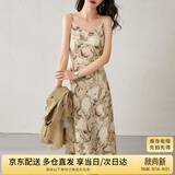 尚都比拉春秋法式印花吊带连衣裙气质女神范性感显瘦裙子 杏底花色 S 