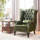 欧诗雅沐 美式牛皮老虎椅北欧客厅单人沙发阳台懒人高背休闲椅欧式沙发椅 墨绿色/耐磨超纤皮