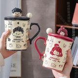 畅印涂鸦陶瓷马克杯带盖咖啡杯情侣水杯家用卡通女生生日礼物创意可爱 【黑色男孩+红色女孩】情侣一对 【带盖子+子+彩盒装】