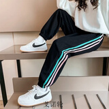 艾诺轮女童卫裤长裤款中大儿童装女孩7-15岁少女外穿秋季天款宽松休闲裤 黑色 彩条春秋款 160 建议150cm左右
