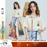 两三事梵高文艺 弦外智音 2025夏季新款彩绳绑带领印花短袖t恤女 米杏色 M