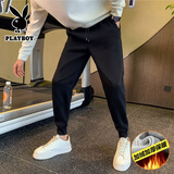 花花公子（PLAYBOY）裤子男款春秋季新款宽松运动大码纯棉休闲学生夏天束脚抽绳卫长裤 1126束脚-黑色【加绒】 2XL （建议135-150斤）