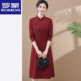 罗蒙（ROMON）喜婆婆婚宴时尚礼服秋装改良旗袍连衣裙女春秋季妈妈红色洋气结婚 酒红色 XL 【建议100斤内】
