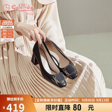 金利来（Goldlion）女鞋方头粗高跟简约金属扣饰浅口工作通勤单鞋68291009黑色37码