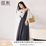 香影法式娃娃领收腰连衣裙女2026秋装新款灰色通勤假两件长袖裙子 中灰 L 165/88A/110-125斤