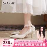 达芙妮高跟鞋女单鞋2026春季法式玛丽珍鞋蝴蝶结淑女小皮鞋粗跟女鞋婚鞋 缎面米白 6cm 细跟 36