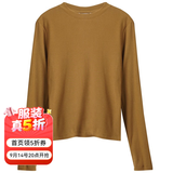 Olrain【5折】纯色坑条长袖T恤女春冬新款修身显瘦上衣内搭打底衫 黄绿色 S