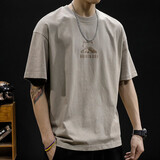 古先森重磅纯棉短袖t恤男宽松夏季印花圆领休闲半袖男士套头衫大码体恤 卡其色 XL 【145-160斤】