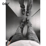 QGF  美式高街闪电纹牛仔裤女款夏季水洗vibe裤子窄版修身直筒微喇长 黑色 【高品质】 M [建议90-100斤]