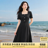 尚都比拉短袖连衣裙女夏季复古赫本风气质通勤裙子中长款A字裙 雅黑色 M